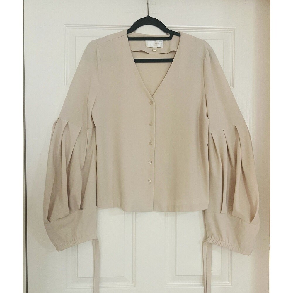 JOA Los Angeles Beige V-Neck Button Front Pleated Balloon Sleeve Blouse S